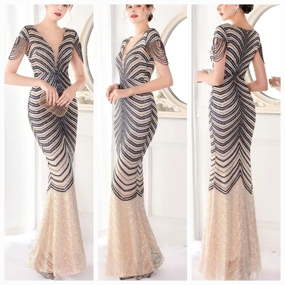 Navy/Ivory , Short Rhinestone Sleeves,  Sequined,  V Neck, Mermaid Maxi … - Picture 2 of 16